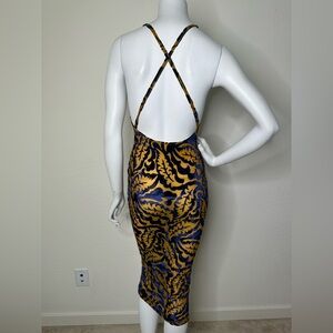 MAGIA BLUE BROWN CRISS CROSS BACK BODYCON MIDI DRESS SZ S NWOT